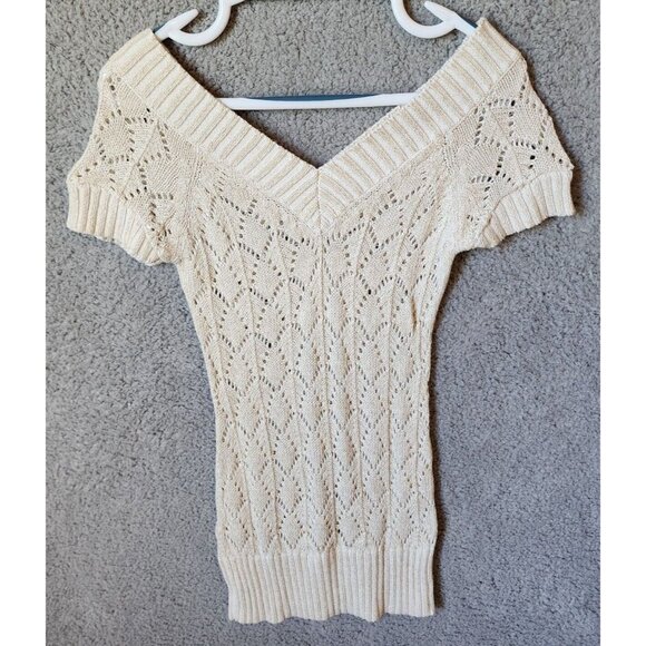 Vtg Y2K Cache Short Sleeve V Neck Open Knit Long Sweater Top Ivory Metallic XS - Picture 8 of 11